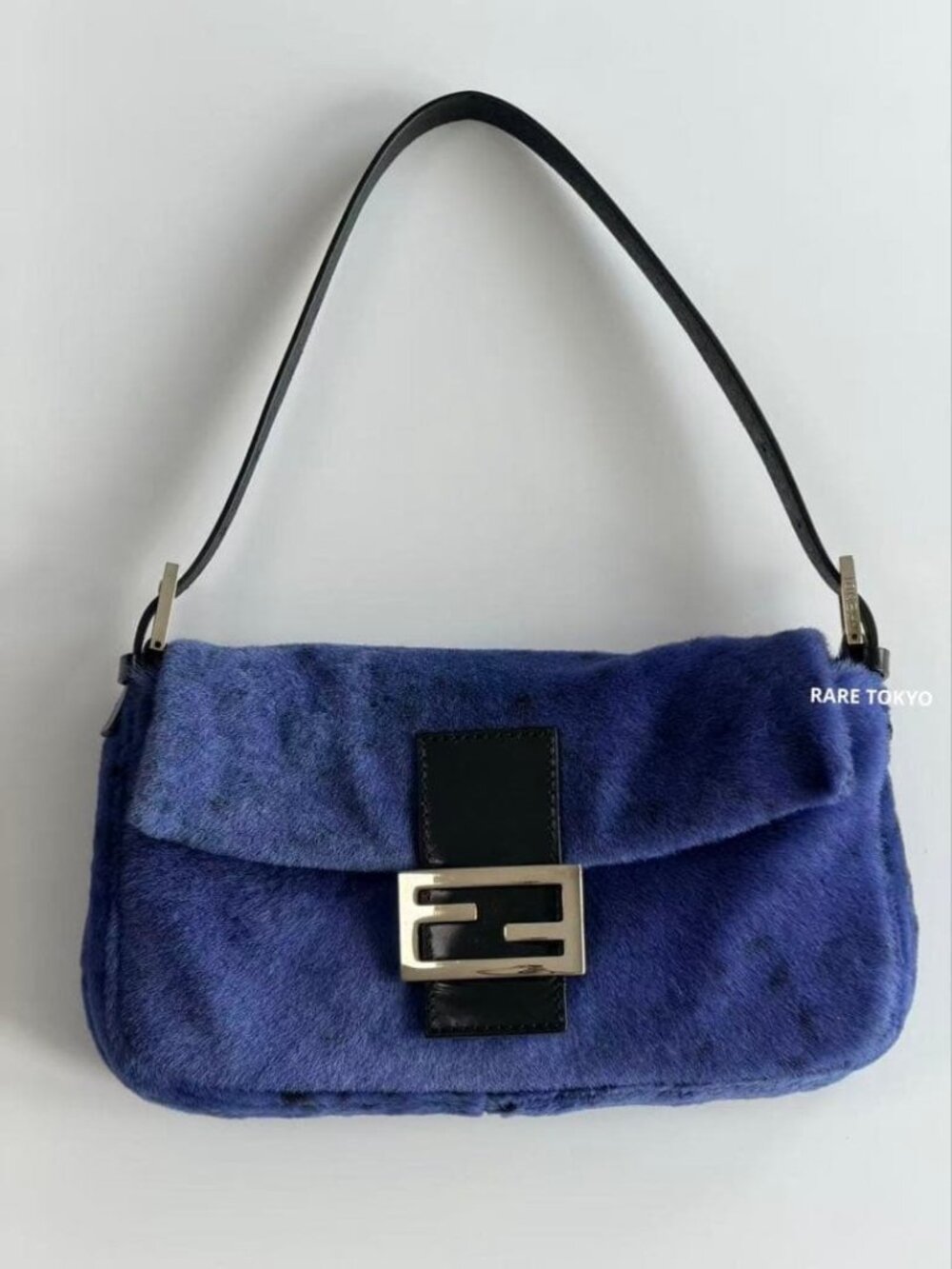 Fendi Baguette Blue Fur Shearling Dalme Cyan Pattern Shoulder Bag